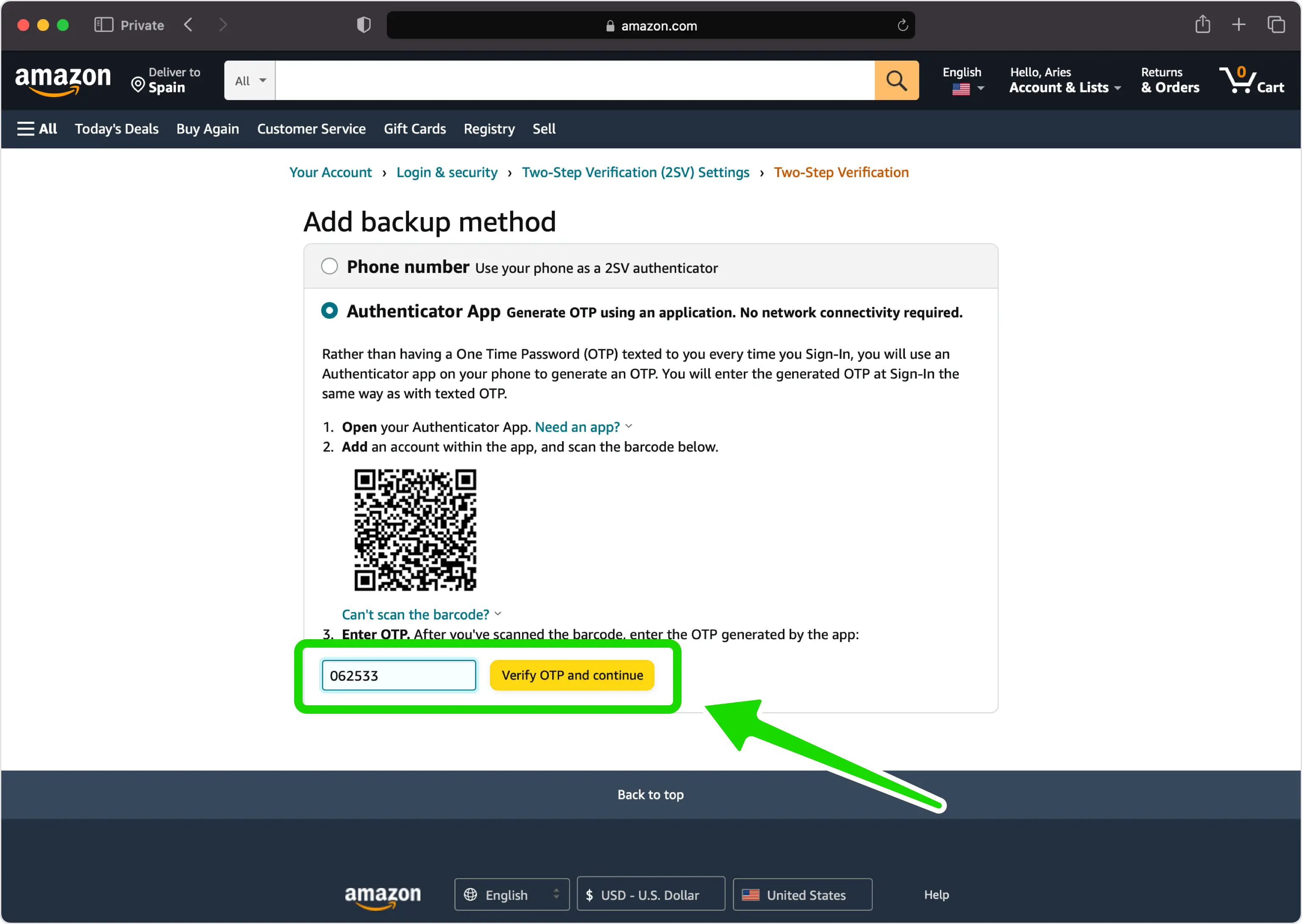 Inserisci il codice di 6 cifre su Amazon