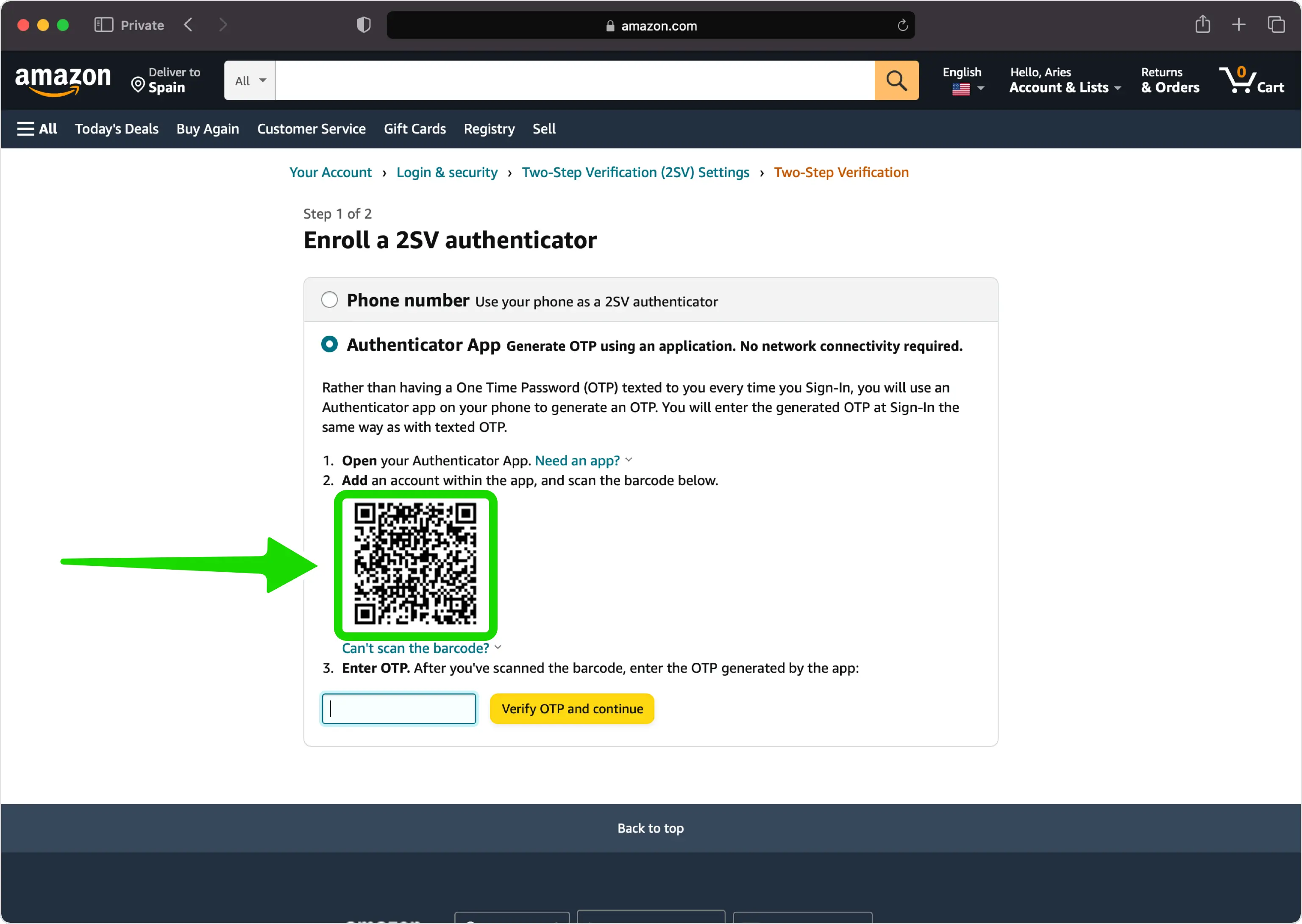 Visualizza il codice QR visualizzato da Amazon