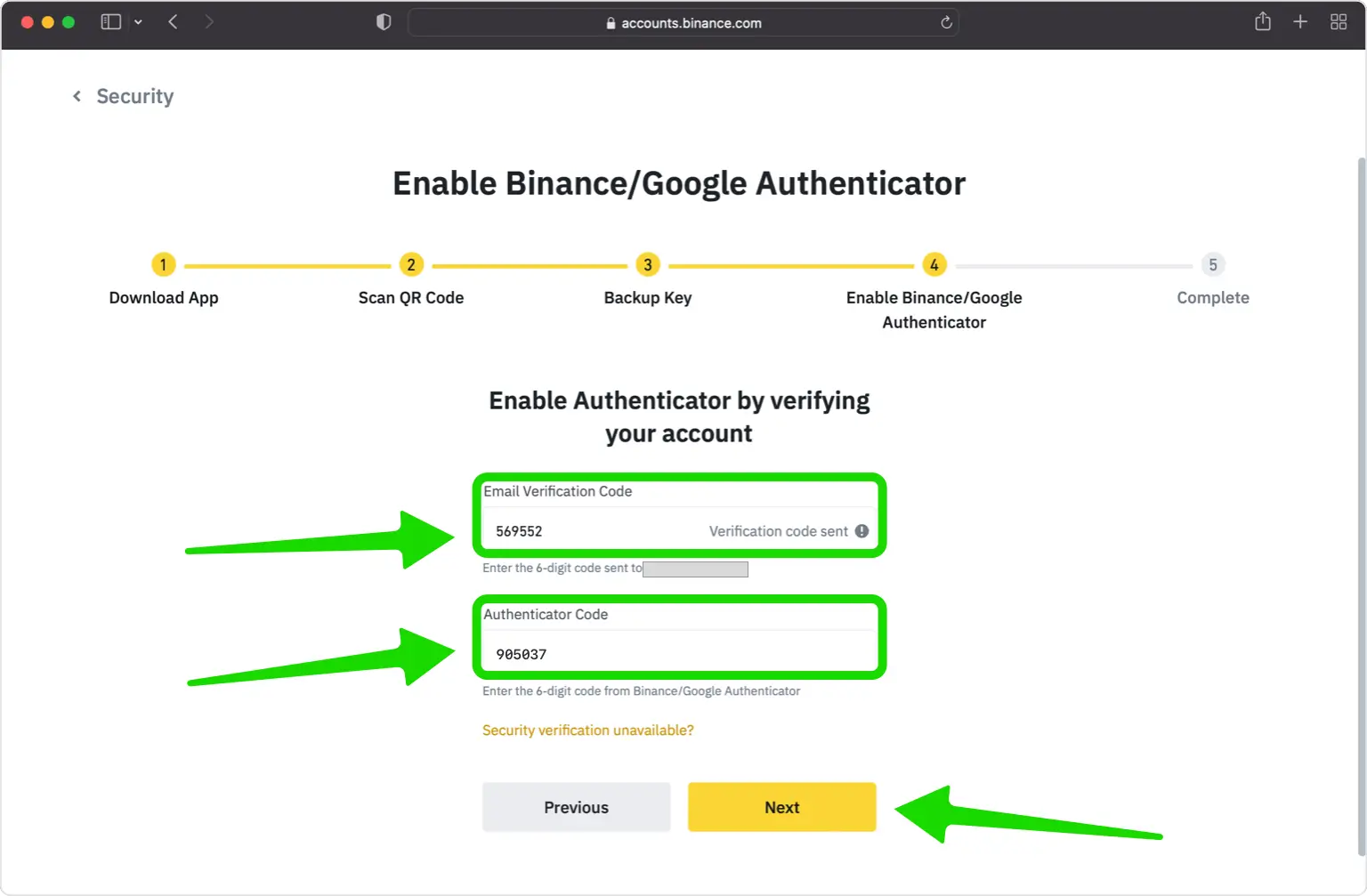 Code bei Binance bestätigen