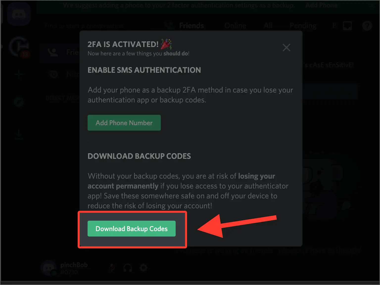 Salve seus códigos de backup