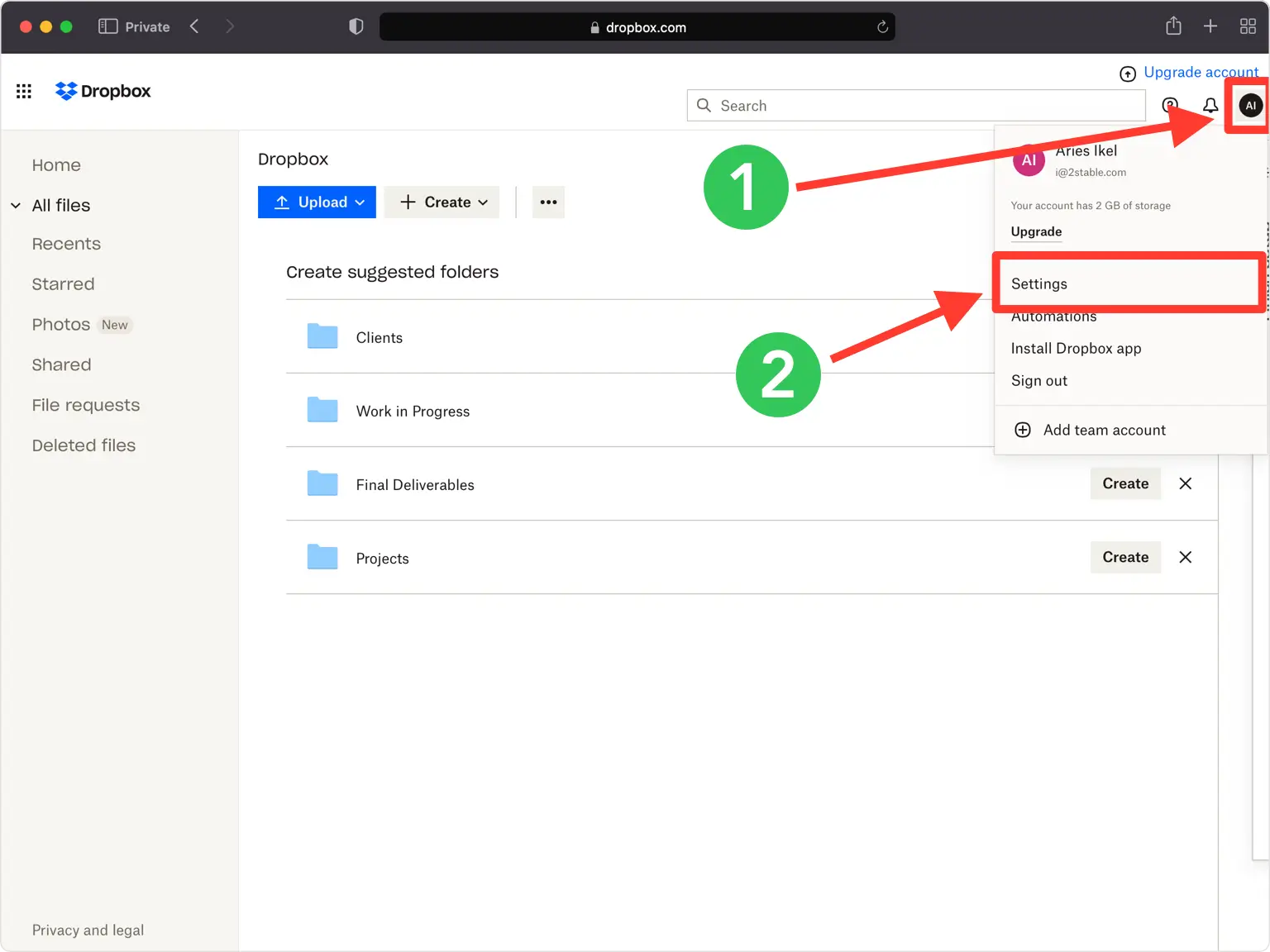 Abra o menu da sua conta e vá para Configurações