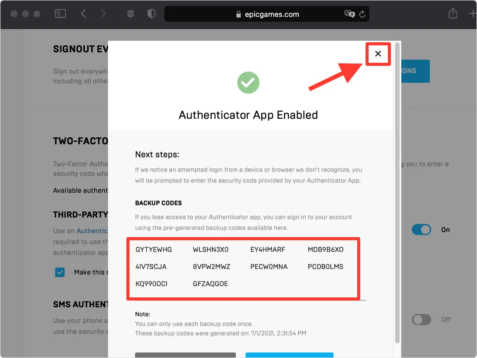 Speichern Sie Ihre Backup-Codes