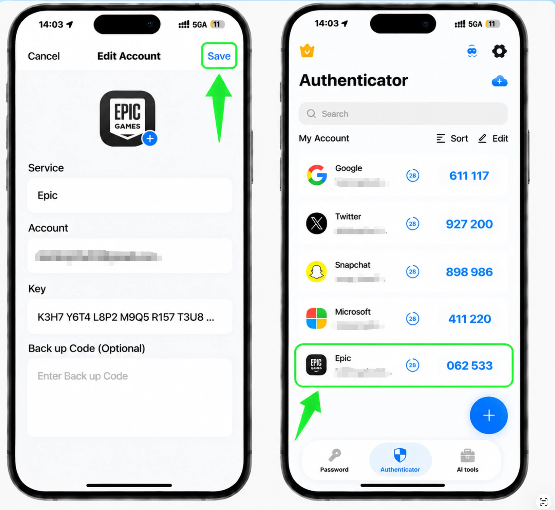Speichern Sie den Epic Games-Eintrag in der App