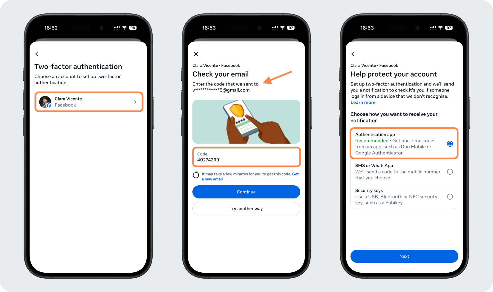 Scegli il tuo account e scegli App di autenticazione