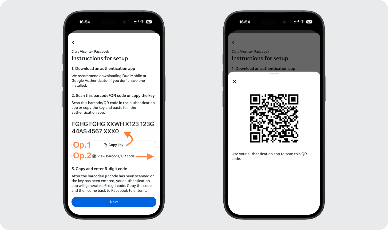 Copia la chiave o visualizza il codice QR