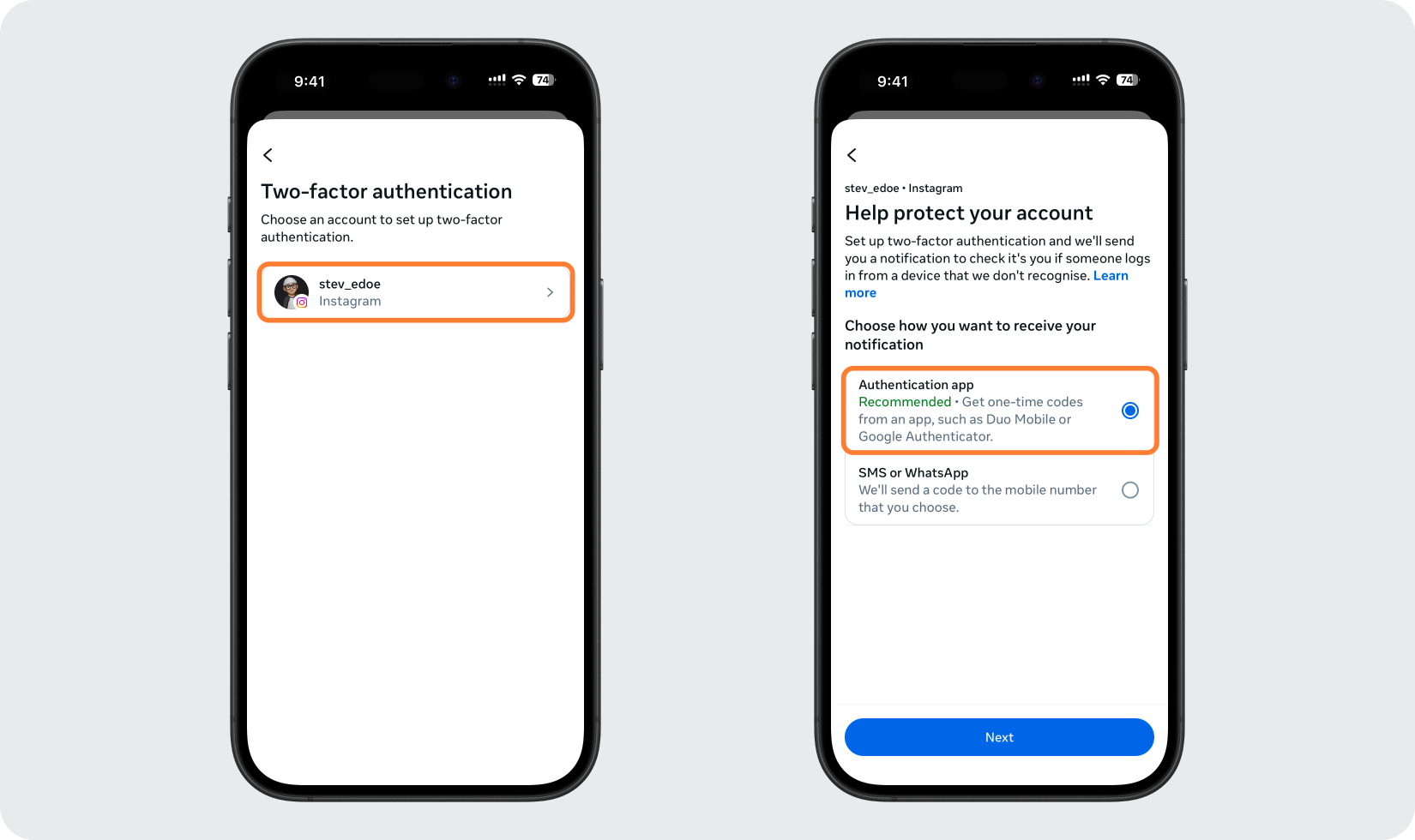 Kies uw account en kies Authenticatie-app