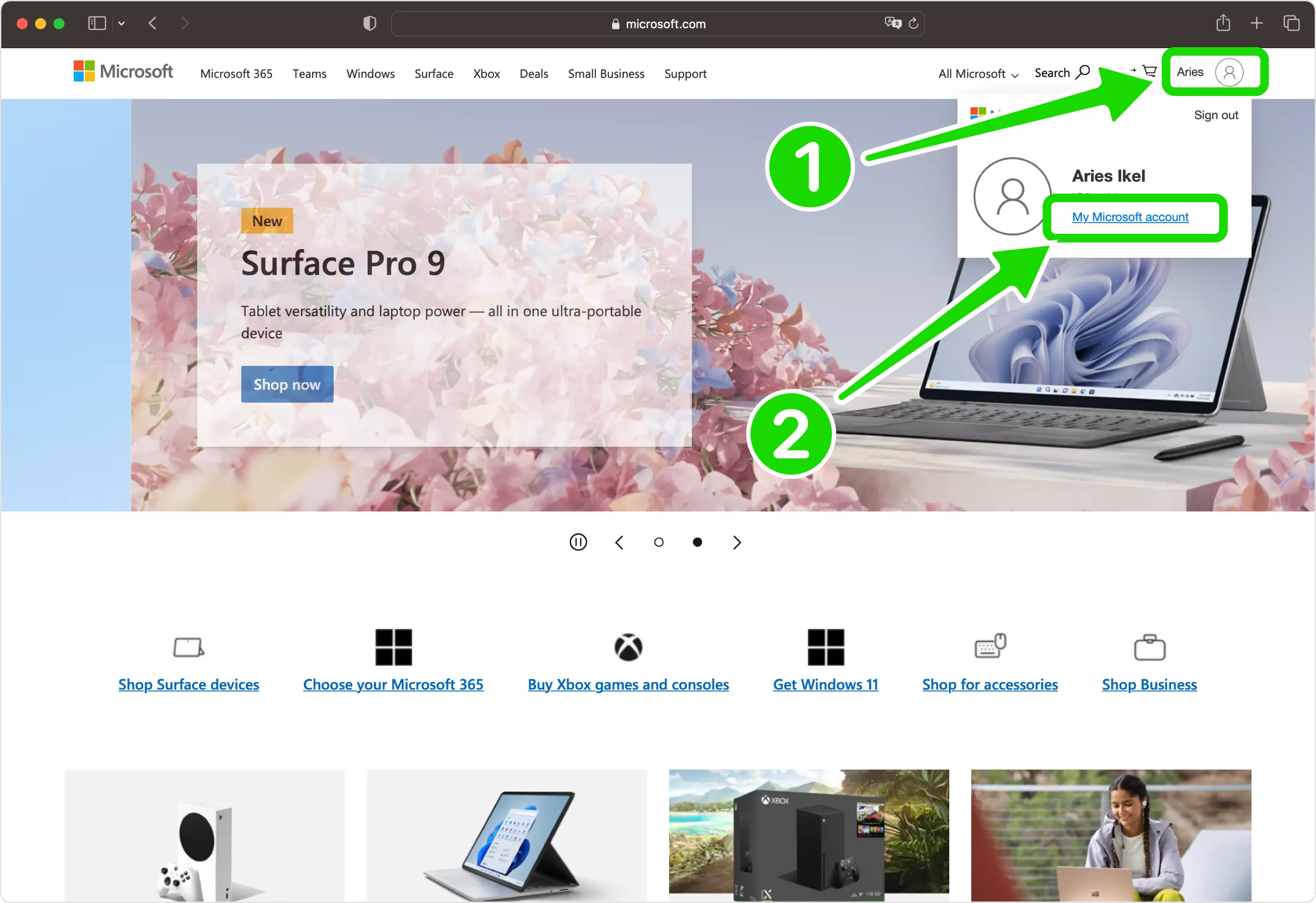 Apri il menu del tuo account Microsoft