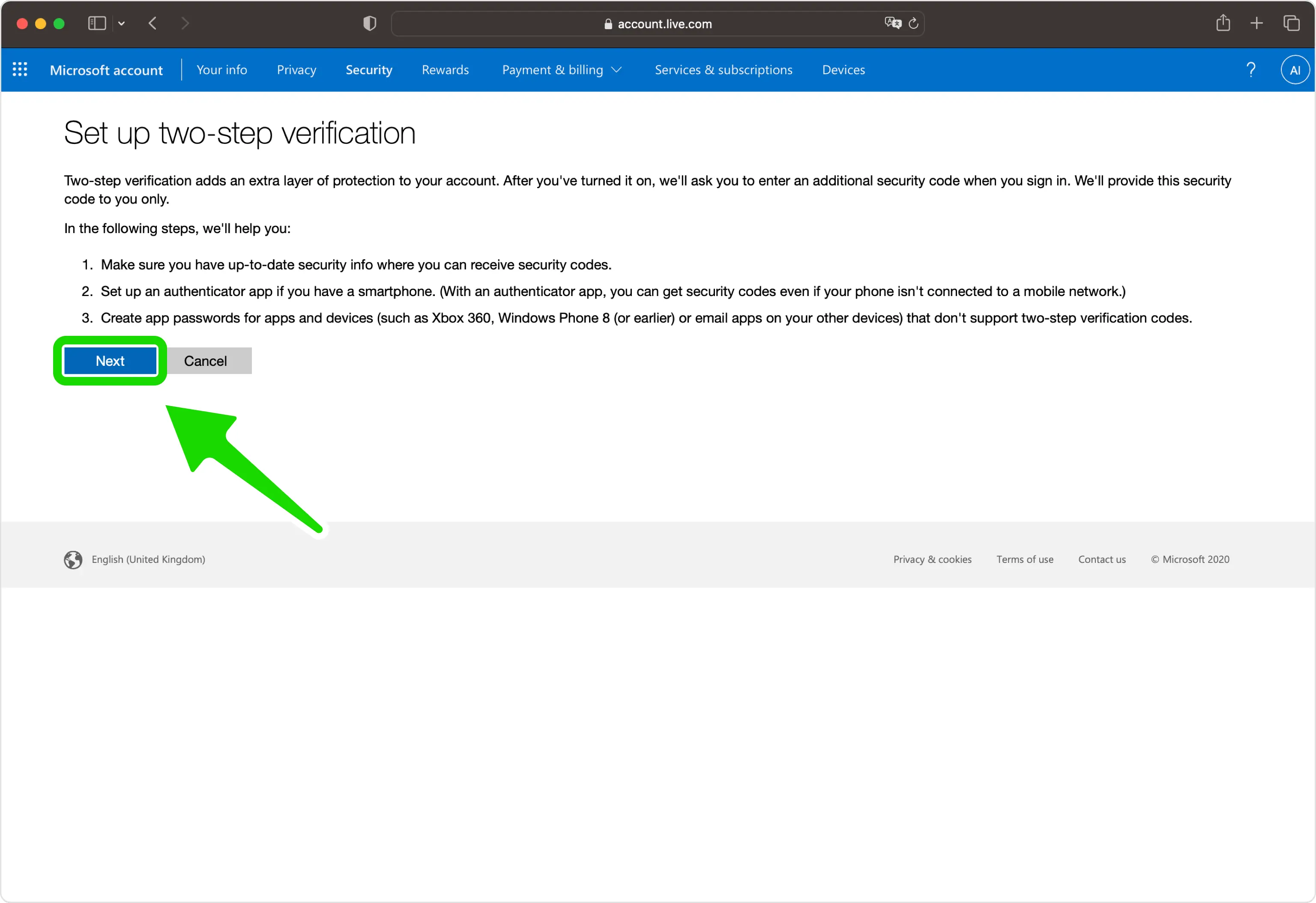 Inizia la configurazione della verifica in due passaggi