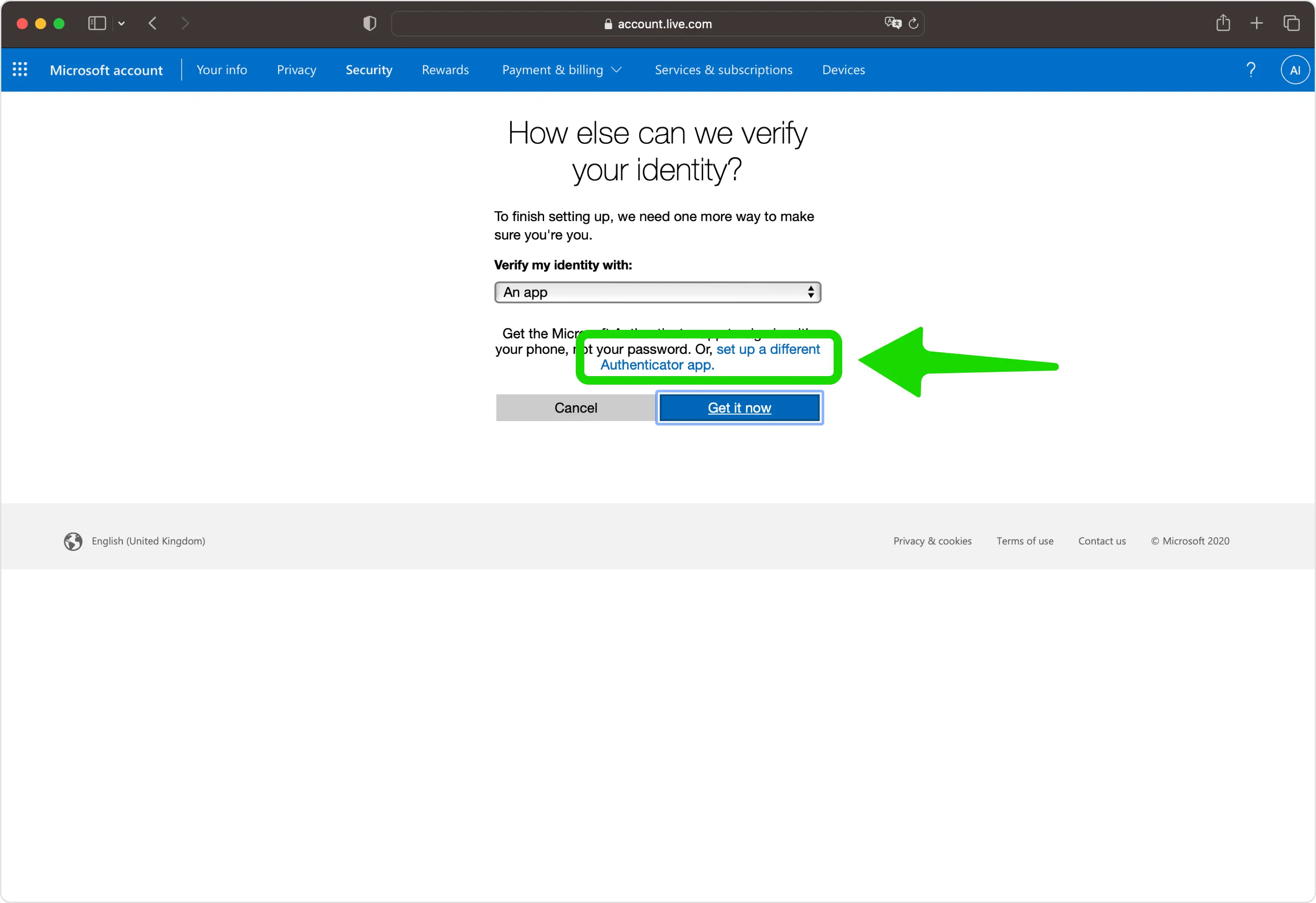 Scegli di configurare un'app Authenticator diversa