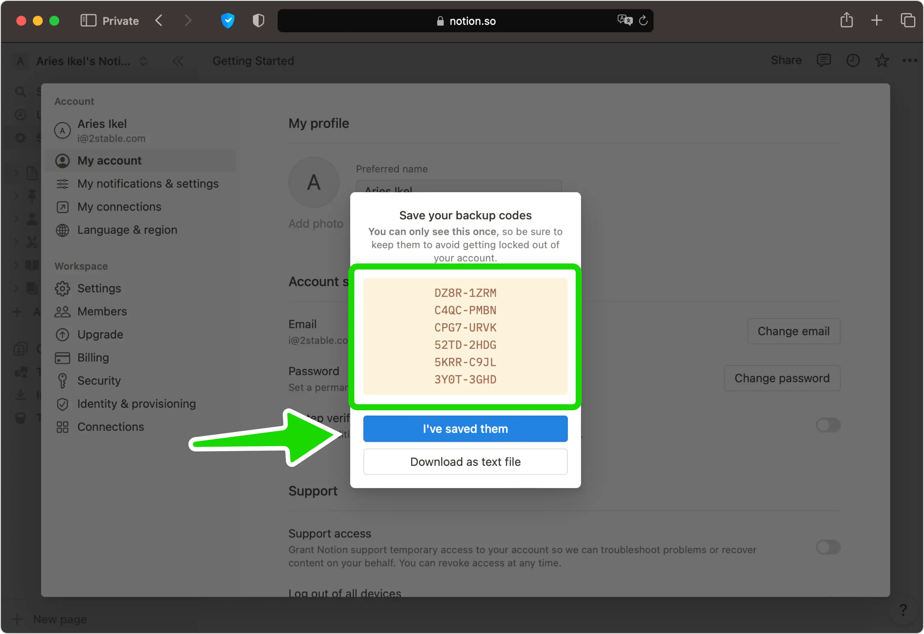 Speichern Sie Ihre Backup-Codes