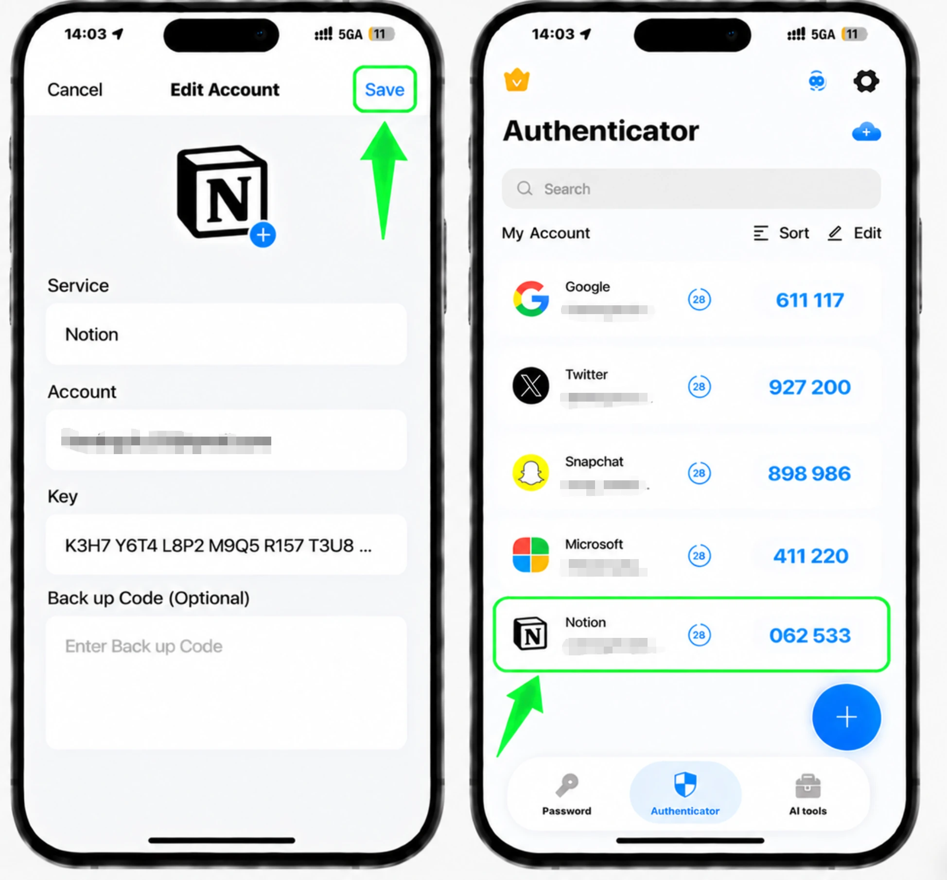Speichern Sie das Konto in der App