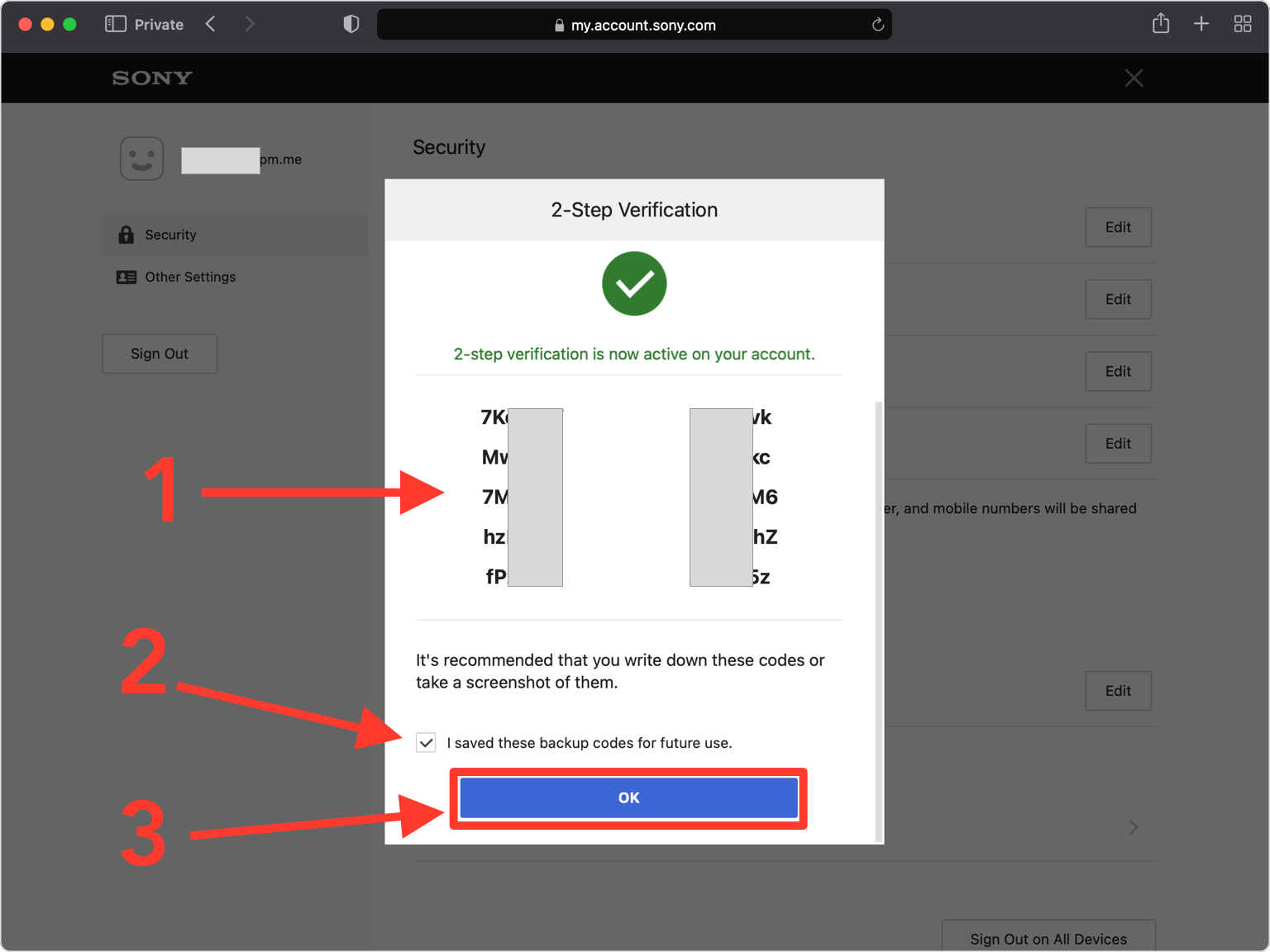 Notieren Sie Ihre Backup-Codes