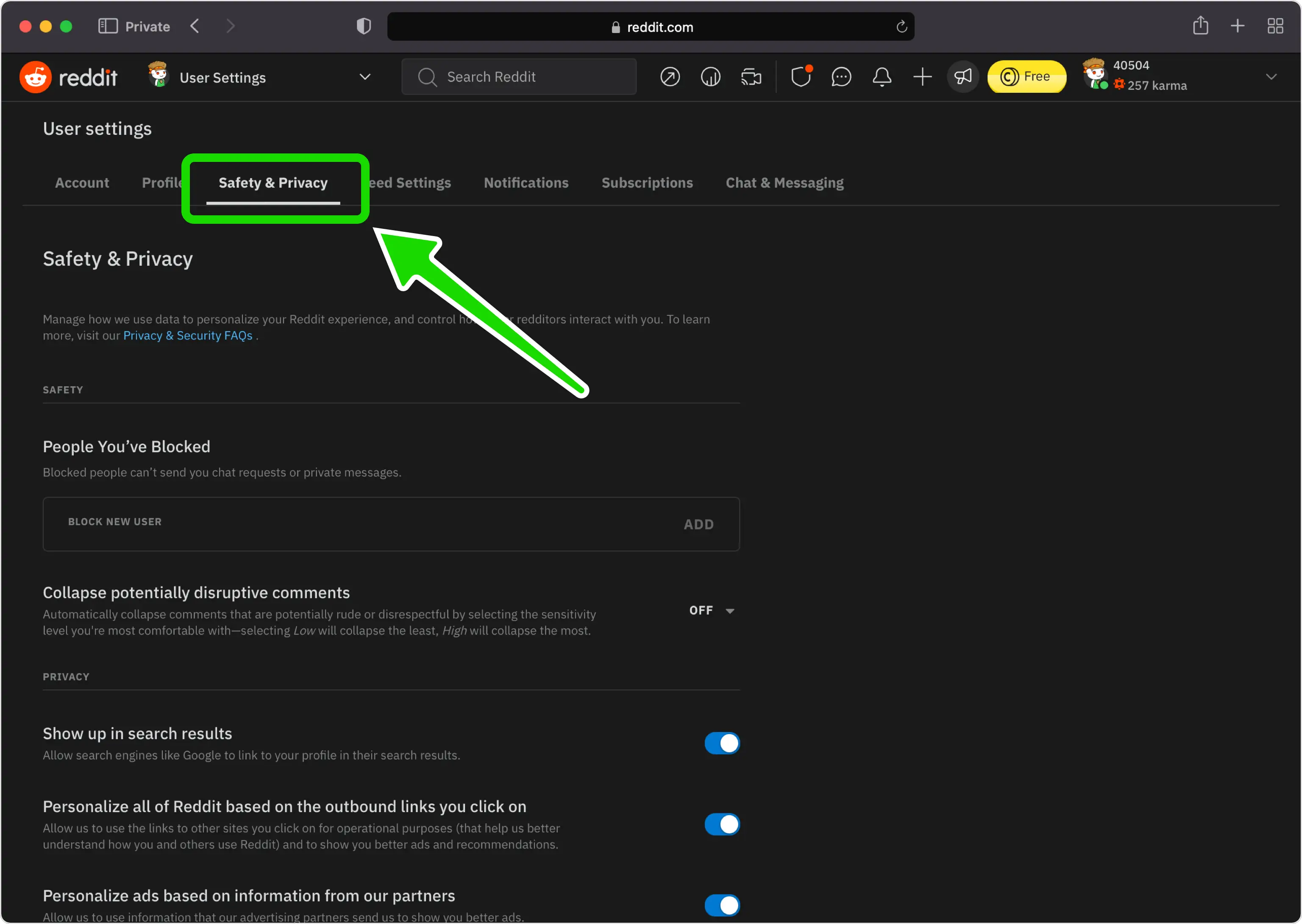Abra a guia Segurança e Privacidade