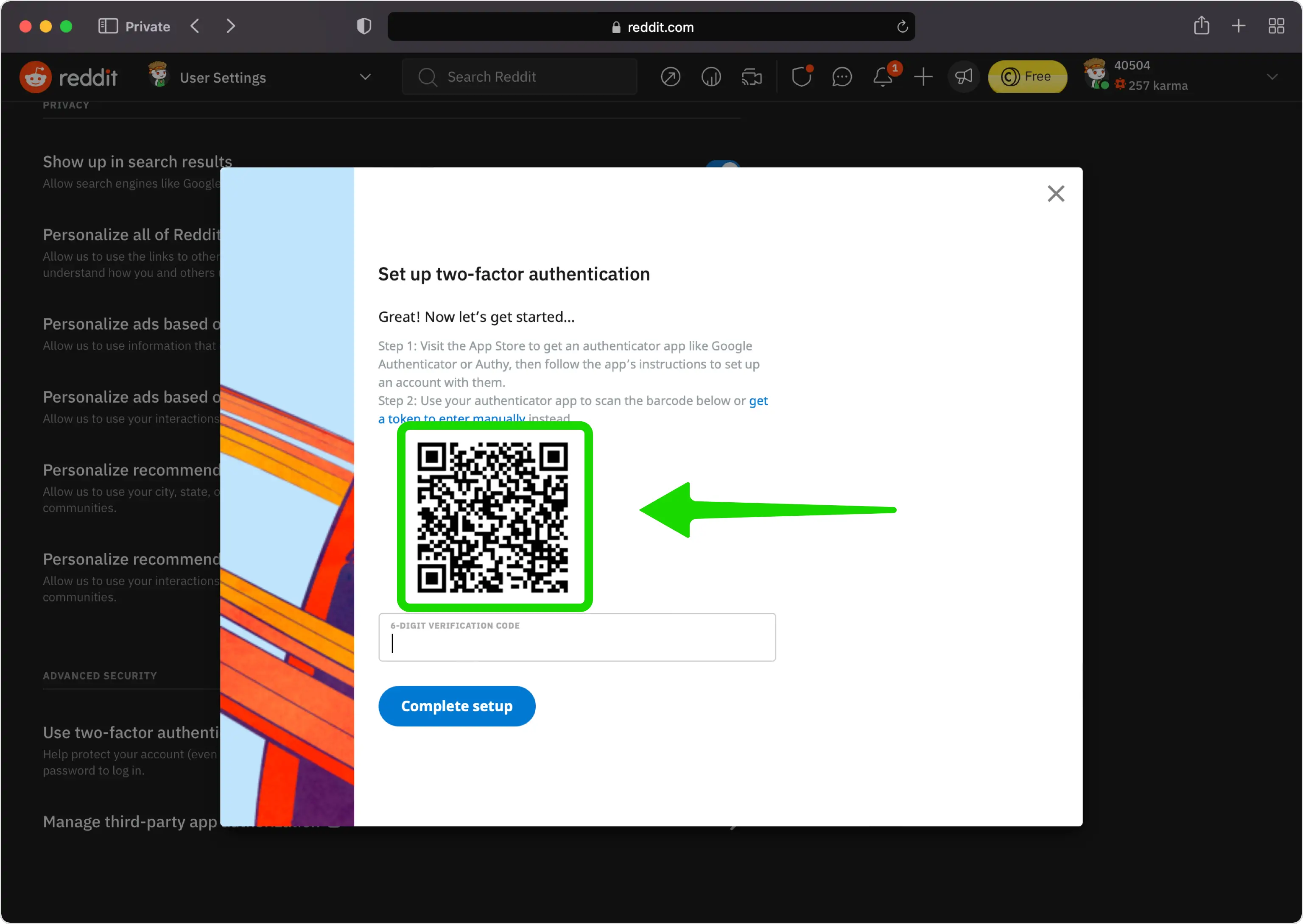 Veja o código QR que o Reddit exibe
