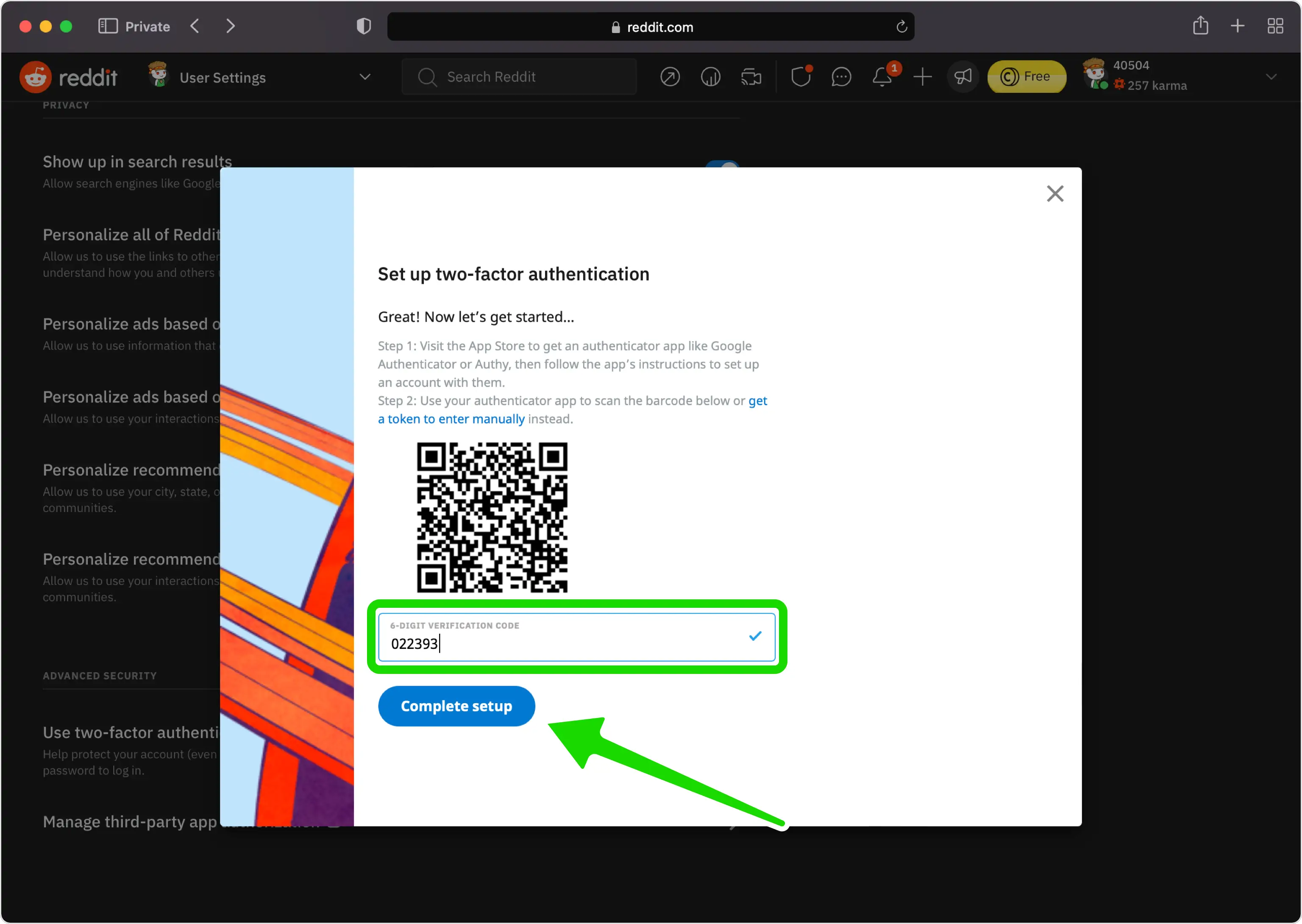 Digite o código de 6 dígitos no Reddit