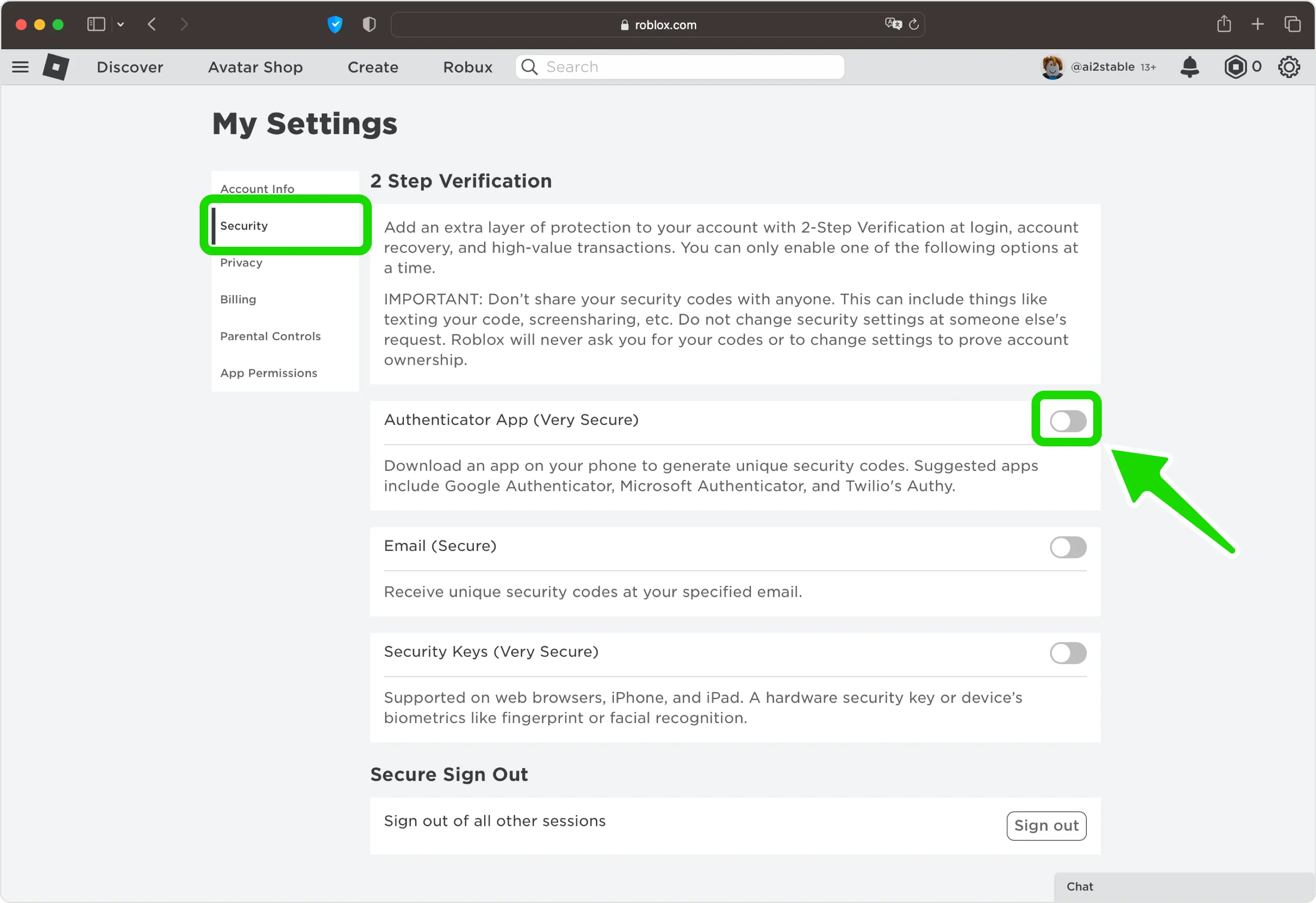 Aktivieren Sie Authenticator App unter Sicherheit