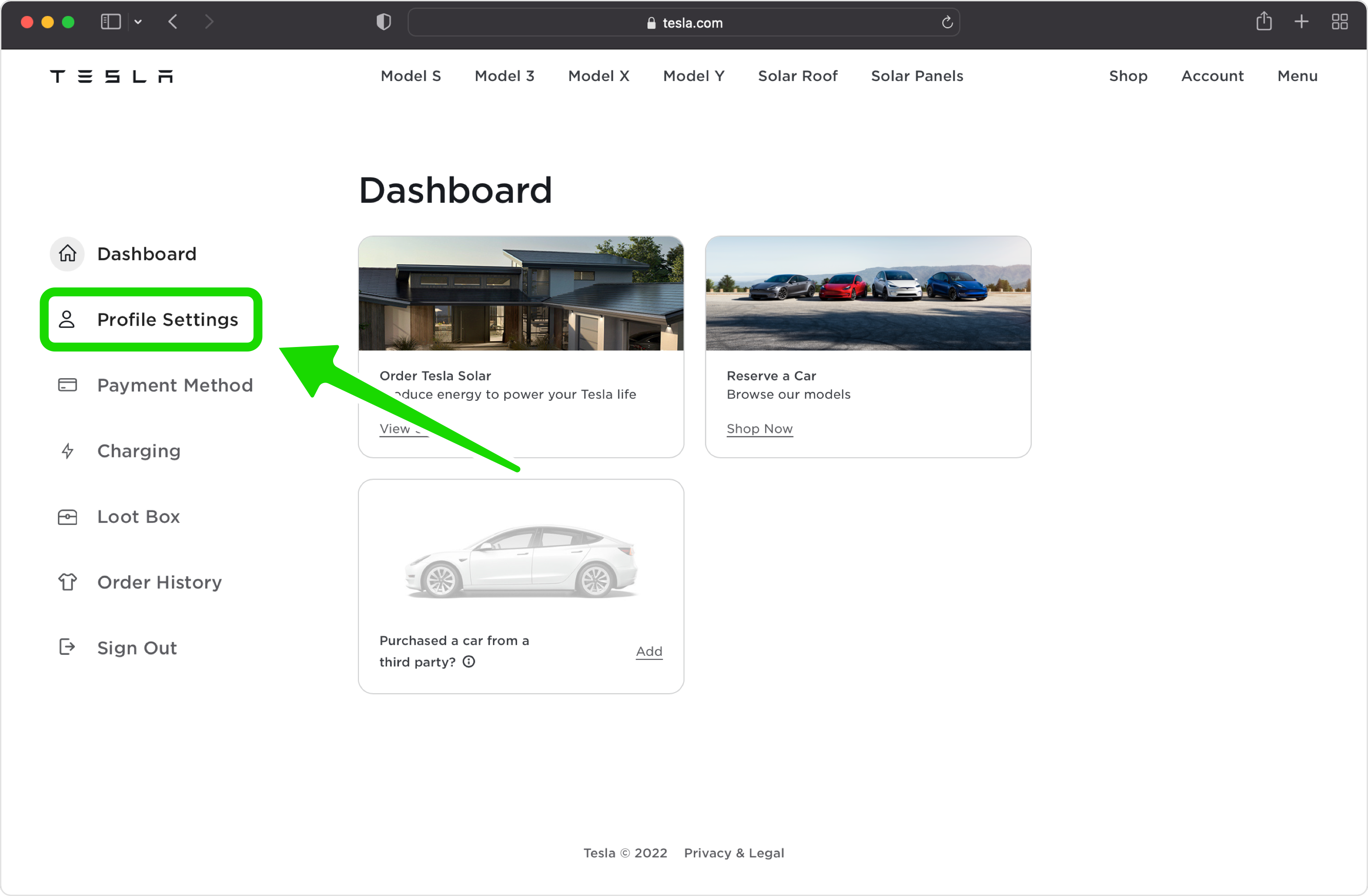 Meld u aan en open uw Tesla-accountinstellingen