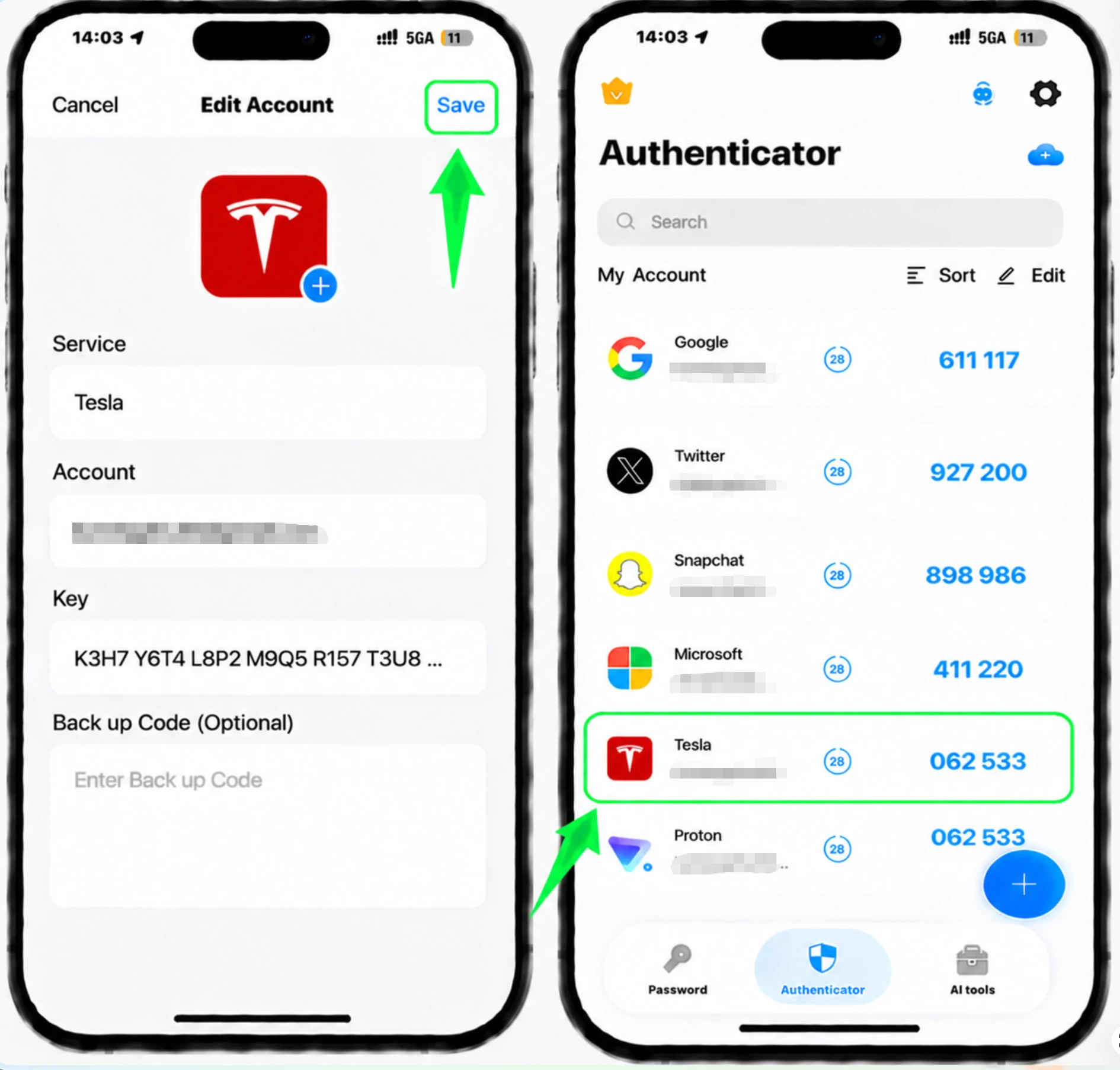 Sla de nieuwe invoer op in uw Authenticator App