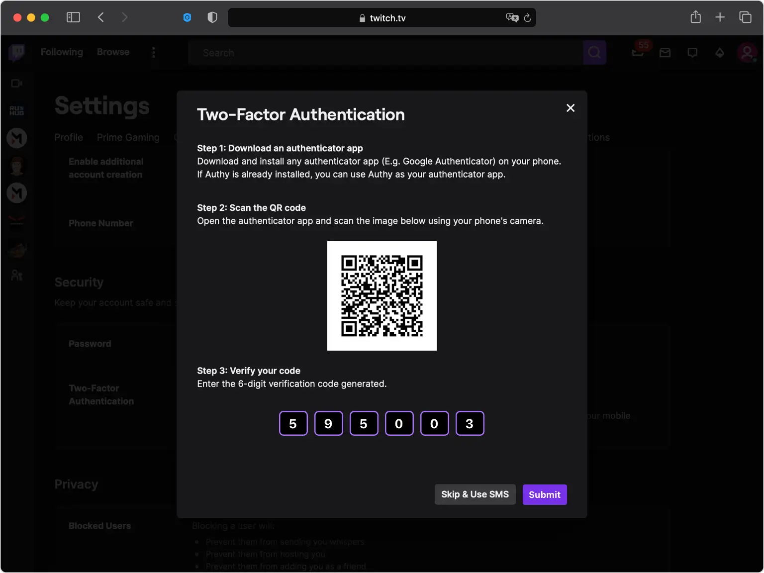 Inserisci il codice per verificare su Twitch