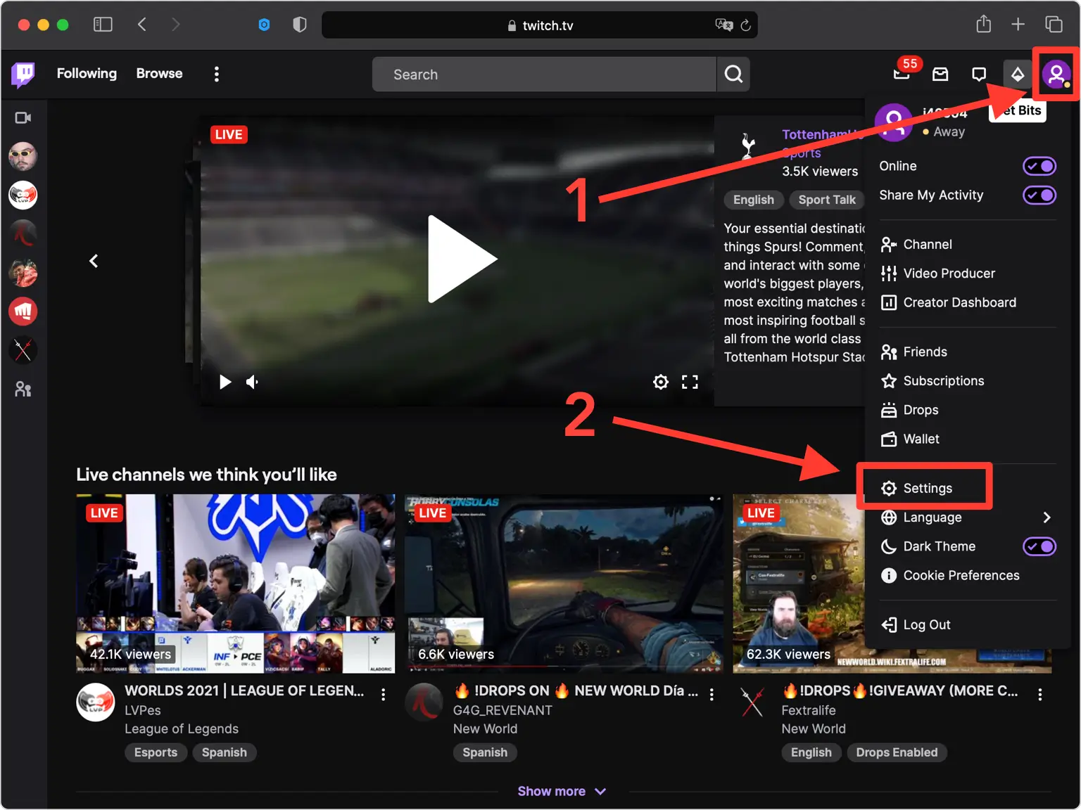 Apri le Impostazioni di Twitch