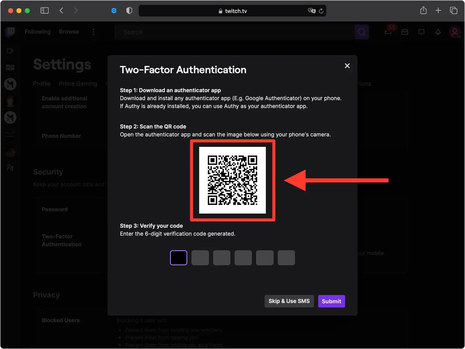 Apri la schermata del codice QR