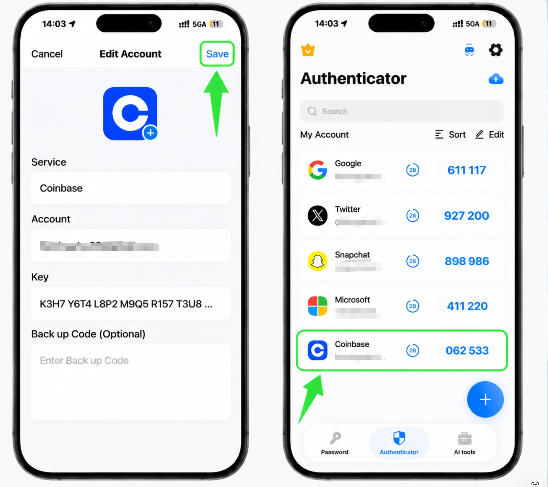 Speichern Sie das neue Konto in der App